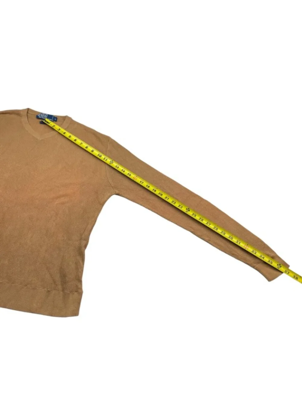 VTG Polo Ralph Lauren Men's 100% Cotton Knit V-Neck Pullover Sweater Tan • Large